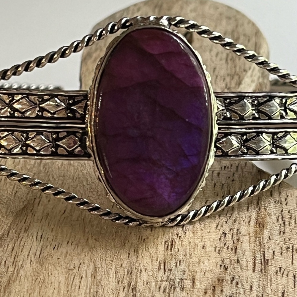 925 STERLING SILVER OVERLAY ADJUSTABLE GEMSTONE CUFF BRACELET - Picture 4 of 8